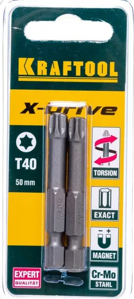 Биты Т40 Kraftool X-Drive, E 1/4", 50мм, Cr-Mo, торсионные, кованные, 2 шт (26125-40-50-2)